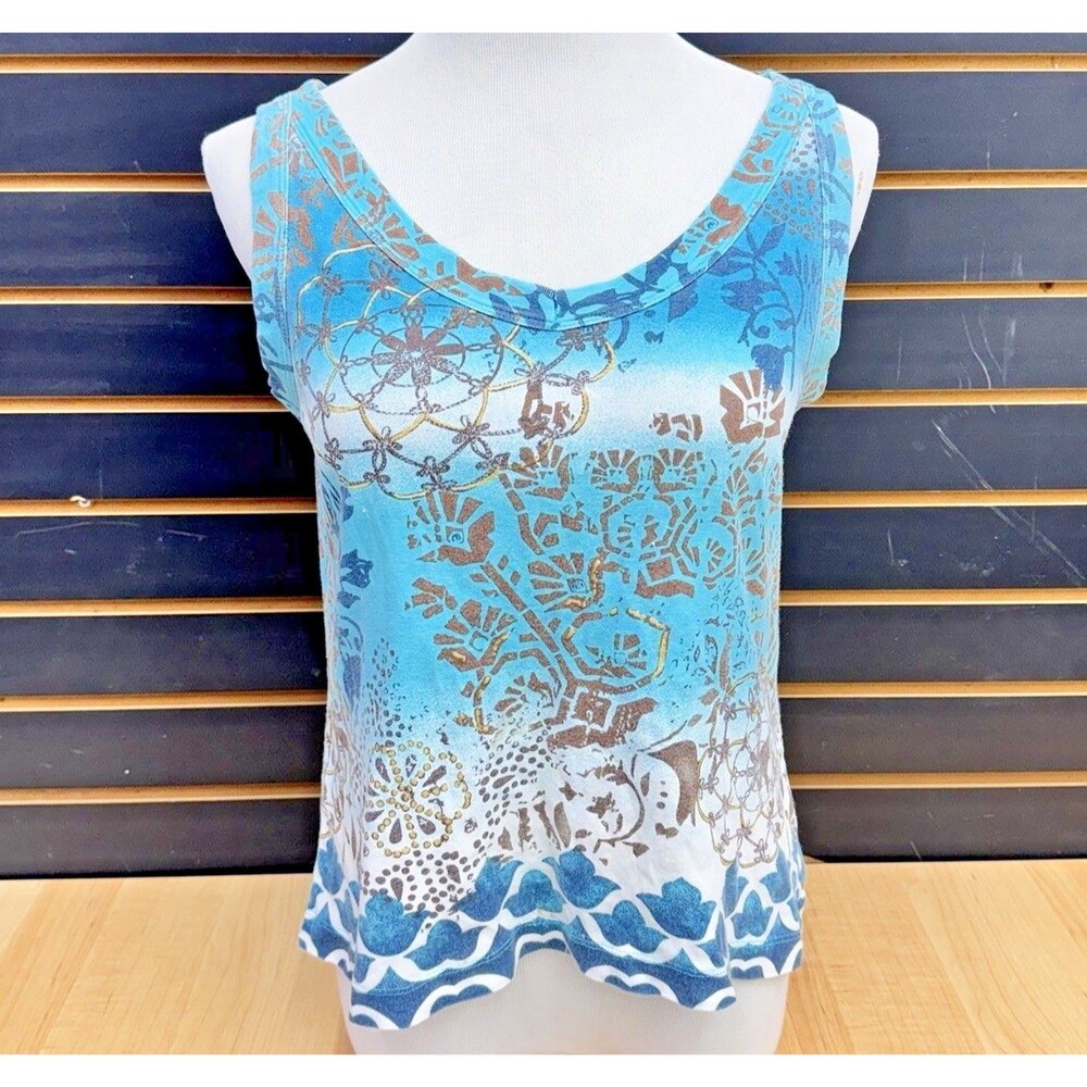 White Stag Tank Top Turquoise Brown Abstract Floral Print Size M 100% Cotton